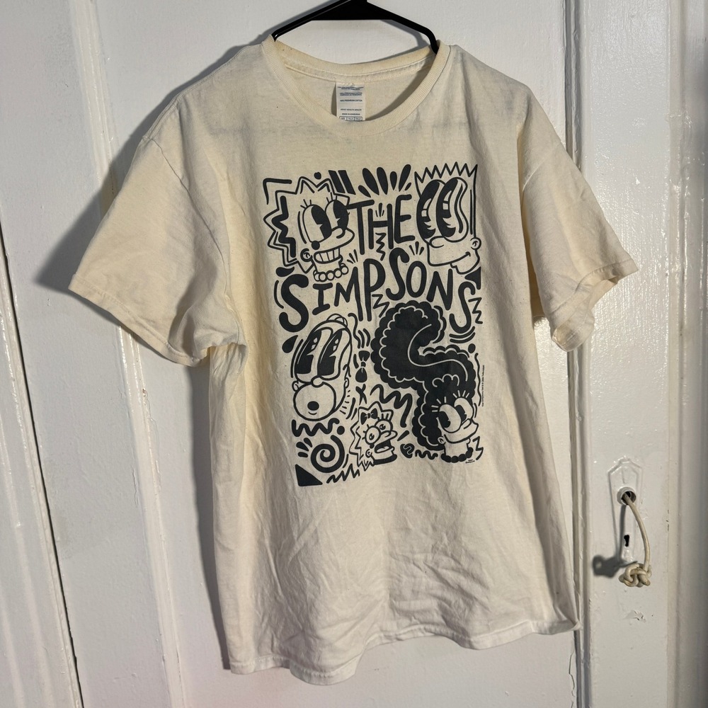 The Simpsons Graphic T-Shirt Cream Black Doodle Art Adult L Cartoon Nostalgia